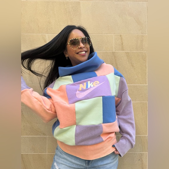 Reworked Nike Tee into checkered cowl neck sweatshirt - Picture 3 of 5